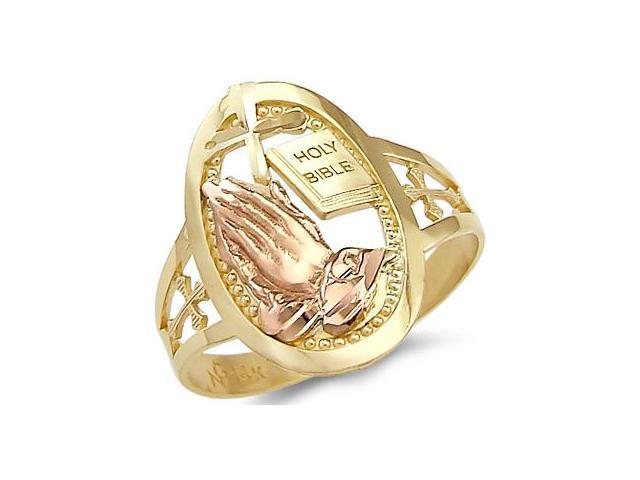 14k Yellow and Rose Gold Cross Praying Hands Bible Ring ...