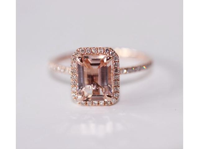 Fancy Halo Emerald Cut Morganite Ring  14K Rose  Gold  Pave 