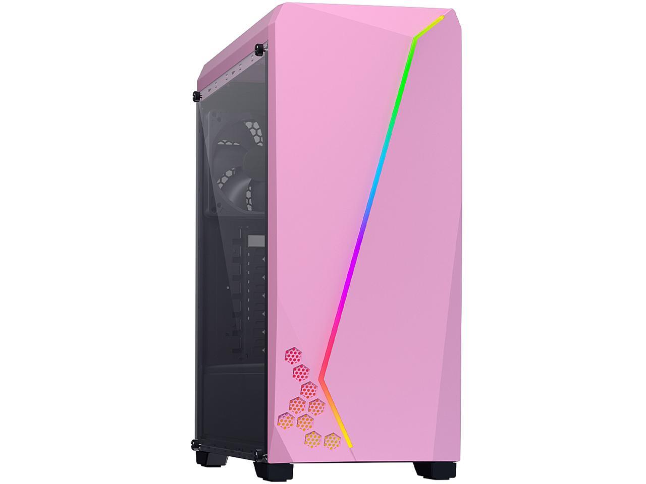 DIYPC S2PINKRGB Pink Steel / Tempered Glass ATX Mid Tower Computer