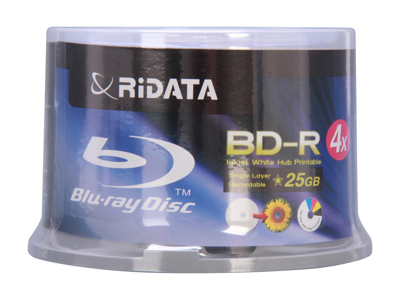 RiDATA 25GB 4X BD R Inkjet White Hub Printable 50 Packs Disc Model BDR 