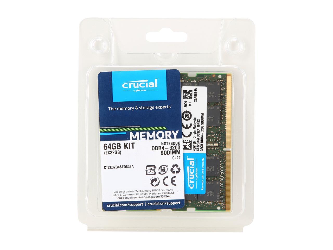 Crucial 64GB Kit (32GBx2) DDR4 3200 MT/s CL22 SODIMM 260-Pin Memory