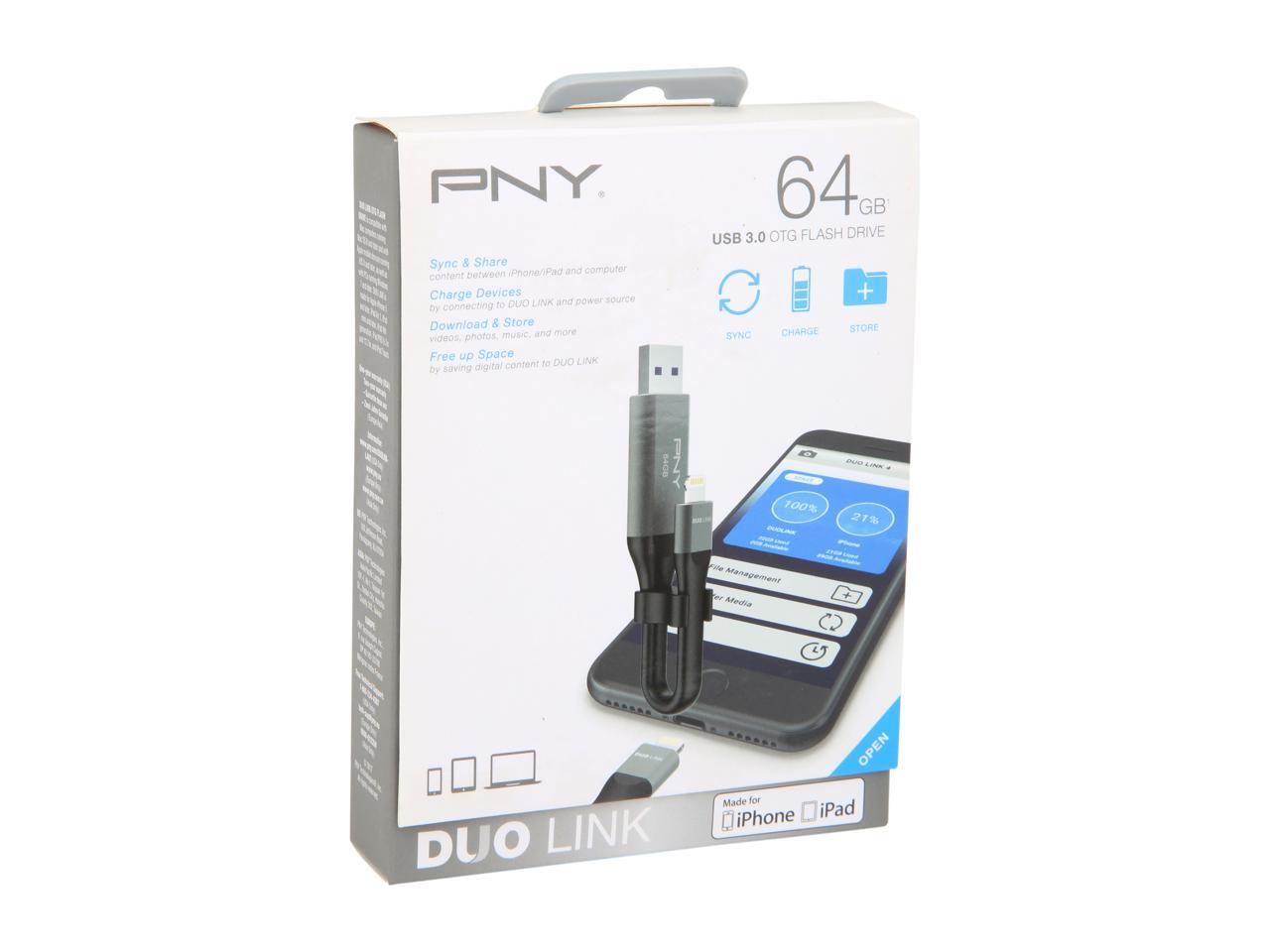 PNY 64GB DUO LINK USB 3.0 OTG Flash Drive for IPhone and I Pad (P
