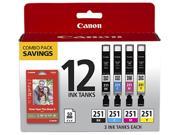 Canon CLI 251 BKCMY 12 Pack w PP 201 50 Sheets Ink Cartridges Black Cyan Magenta Yellow