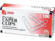 Acco 72580 Smooth Economy Paper Clip Steel Wire Jumbo Silver 100 Box 10 Boxes Pack