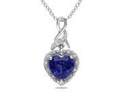 0.06 ct.tw Diamond 2.25 ct.tgw Created Blue Sapphire Heart Silver Pendant w Chain GH I2;I3
