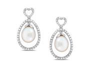 White CZ gemstones 9 9.5 MM White Freshwater Pearl Ear Pin silver earrings.
