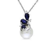 Amour 10k White Gold Freshwater White Pearl and 5 8ct TGW Sapphire with 0.03ct TDW Diamond Pendant with Chain G H I3 17in