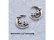 Sterling Silver Mini Antiqued Crescent Moon and Star Earrings On Posts