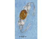 Sterling Silver Large Oval Honey Amber Wire Cuff Bracelet Heart Shaped Vine Leaves