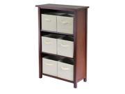 Winsome 94881 Verona 3 Section M Storage Shelf with 6 Foldable Beige Color Fabric Baskets Walnut