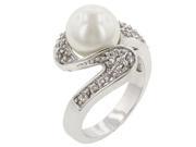 Kate Bissett R08044R C84 05 Genuine Rhodium Plated Fashion Ring with White Pearl and Round Cut Clear CZ in a Pave Setting in Silvertone Size 5