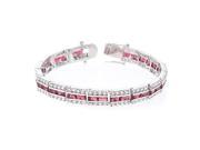 White Gold Rhodium Bonded 7.25 Inch Bracelet with Three Rows of Radiant Red and Round Cut Clear Cubic Zirconia in a Channel Setting and a Box Clasp in Silverton