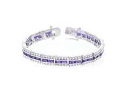 White Gold Rhodium Bonded 7.25 Inch Bracelet with Three Rows of Radiant Purple and Round Cut Clear Cubic Zirconia in a Channel Setting and a Box Clasp in Silver