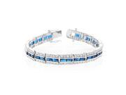 White Gold Rhodium Bonded 7.25 Inch Bracelet with Three Rows of Radiant Blue and Round Cut Clear Cubic Zirconia in a Channel Setting and a Box Clasp in Silverto