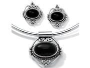 PalmBeach Jewelry 34946 Oval Shaped Genuine Onyx Silvertone Metal Antique Finish 2 Piece Pendant and Earrings Set