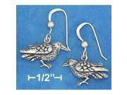 Sterling Silver Finely Detailed Antiqued Raven Earrings On French Wire S
