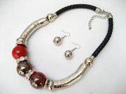 Alur Jewelry 16662RD 20 in. False Ceramic Leather Braid Necklace and Earring set in Red