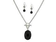 1928 Jewelry 80244 Front Toggle Detail And Faceted Oval Jet Stone Necklace Beaded Earrings Set