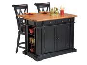 Home Styles 5003 949 Kitchen Island in Black and Distressed Oak Finish and Two Deluxe Bar Stools in Black Finish
