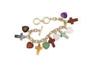 PalmBeach Jewelry 53094 Multi Colored Agate Heart and Cross Charm Bracelet in Yellow Gold Tone