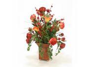 Distinctive Designs International 9819 Rust Red Peonies Calla Lillies Grass in a Large Square Tole Planter