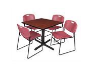 Regency TB4242CH44BY 42 In. Square Laminate Table Cherry Cain Base With 4 Burgundy Zeng Stack Chairs