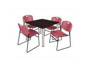 Regency TB3636MWBPCM44BY 36 In. Square Mocha Walnut Table Chrome Post Legs With 4 Burgundy Zeng Stack Chairs