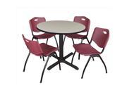 Regency TB36RNDPL47BY 36 In. Round Laminate Table Maple Cain Base With 4 Burgundy M Stack Chairs
