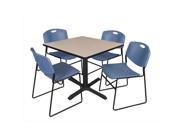 Regency TB4242BE44BE 42 In. Square Laminate Table Beige Cain Base With 4 Blue Zeng Stack Chairs