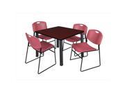 Regency TB3636MHBPBK44BY 36 In. Square Mahogany Table Black Post Legs With 4 Burgundy Zeng Stack Chairs