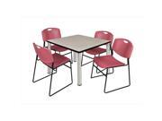 Regency TB4242PLBPCM44BY 42 In. Square Maple Table Chrome Post Legs With 4 Burgundy Zeng Stack Chairs
