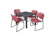 Regency TB4242GYBPBK44BY 42 In. Square Grey Table Black Post Legs With 4 Burgundy Zeng Stack Chairs