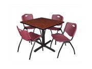 Regency TB4242CH47BY 42 In. Square Laminate Table Cherry Cain Base With 4 Burgundy M Stack Chairs