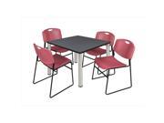 Regency TB4242GYBPCM44BY 42 In. Square Grey Table Chrome Post Legs With 4 Burgundy Zeng Stack Chairs