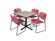 Regency TB4242BE44BY 42 In. Square Laminate Table Beige Cain Base With 4 Burgundy Zeng Stack Chairs