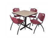 Regency TB4242BE47BY 42 In. Square Laminate Table Beige Cain Base With 4 Burgundy M Stack Chairs