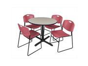 Regency TB42RNDPL44BY 42 In. Round Laminate Table Maple Cain Base With 4 Burgundy Zeng Stack Chairs