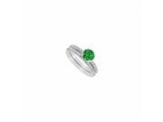 Fine Jewelry Vault UBJS3089ABW14DE Diamond Emerald Engagement Ring With Band Sets in 14K White Gold 1 CT 32 Stones