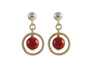 Dlux Jewels Genuine Red Coral 6 mm Semi Precious Ball with 10 mm Braided Ring 0.75 in. Gold Plated Sterling Silver Ball Post Earrings