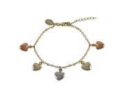 Dlux Jewels Tri Color Brass Heart Charms Dangling with Gold Plated Brass Chain Bracelet 5 x 1 in.