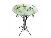 NorthLight 22 in. Hand Painted Glass Green Leaf And Berry Spring Outdoor Garden Bird Bath