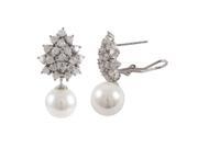 Dlux Jewels Rhodium Plated Sterling Silver Cubic Zirconia Cluster with Dangling White Shiny 10 mm Shell Pearl Post Clip Earrings