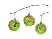 Perfect Holiday 7cm Shiny Apple Green Ball With Flower And Acrylic Diamond Hand Painted 3 Piece