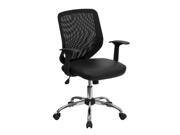 Offex Mid Back Black Office Chair with Mesh Back and Italian Leather Seat