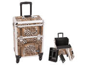 Sunrise Brown Interchangable 4 Wheels Leopard Textured professional Rolling Aluminum Cosmetic Makeup Case Organizer With Removable Tray And Dividers