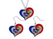 NCAA Kansas Jayhawks Swirl Heart Pendant Necklace And Earring Set Charm Gift