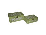 Cheungs Home Decorative Accent Set of 2 Green Wooden Boxes with Front and Top Mirror with Wood Morrocan Overlay