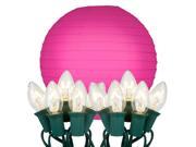 LumaBase Patio Lawn Tree Hanging Electric String Light Cord with Round Paper Lanterns 10 Fuchsia 10Ct