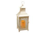 LumaBase Home Decorative Metal Lantern with Flickering Battery Operated LED Candle White Swirl