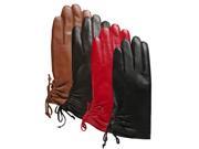 Luxury Lane Women s Lambskin Leather Ruched Tie Gloves Tobacco S